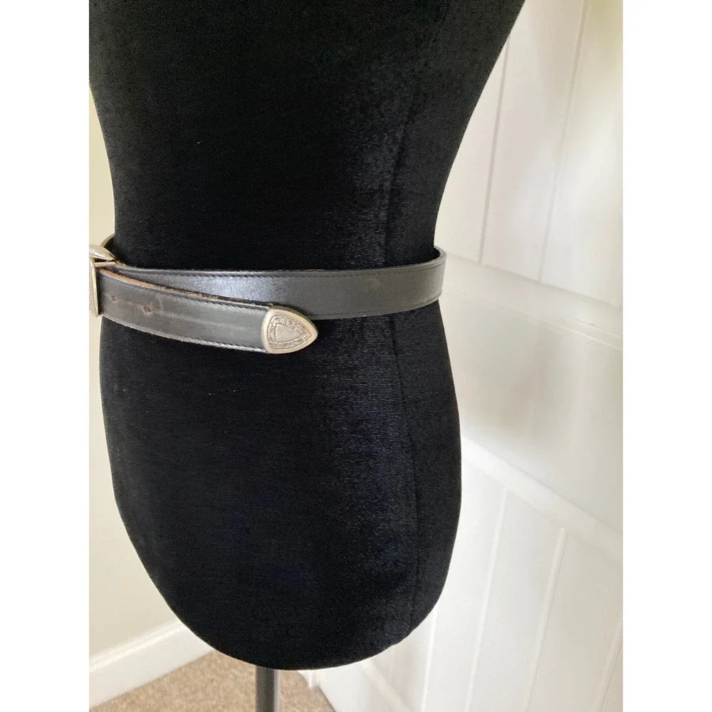 Vintage Black Leather Western Belt Silver Engraved Buckle Tip Made‎ in USA Small